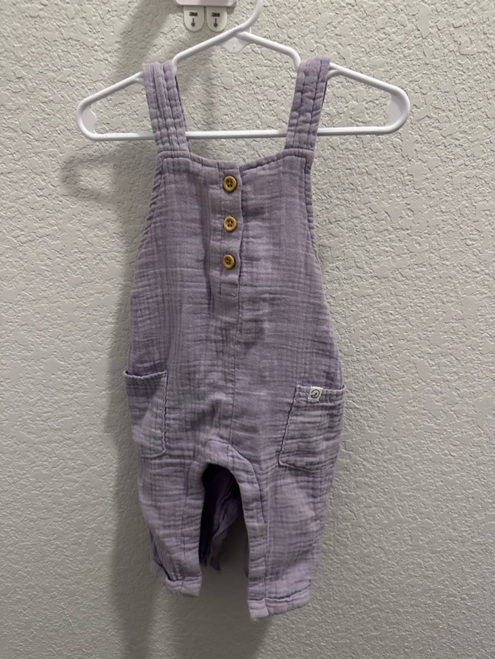 Lilac Gauze Baby Overalls with Wooden Buttons